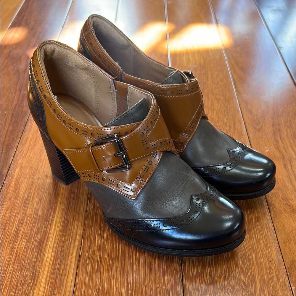 Clarks Brown and Black Vintage-Style Heels